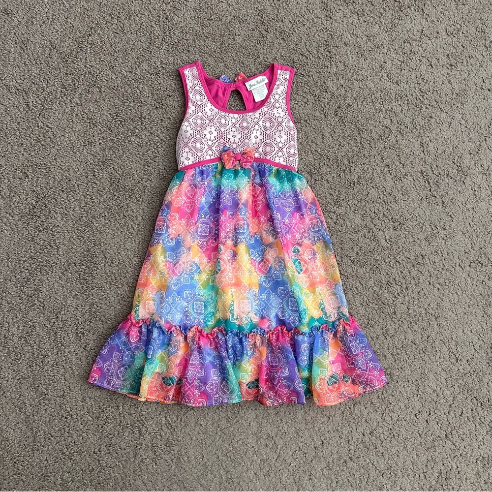 Jona Michelle Girls Rainbow Dye Print Lace Bodice Dress 10